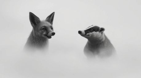 A delightful duo of talking animals, a fox and a badger, find themselves embroiled in mischievous antics within a dense fog. 