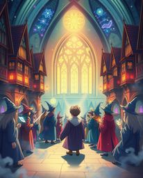 Discover enchanting illustrations of a magical school brimming with young wizards.  Experience vibrant colors, a light aura, 