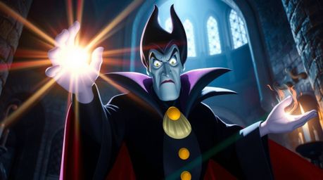 A classic Disney villain, with sparkling eyes and a dramatic pose, is depicted casting a spell in an old castle, bathed in br