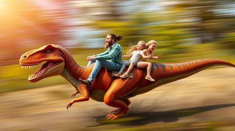 Experience a vibrant and dynamic scene featuring a prehistoric family joyfully riding in their dinosaur car.  Rendered with e