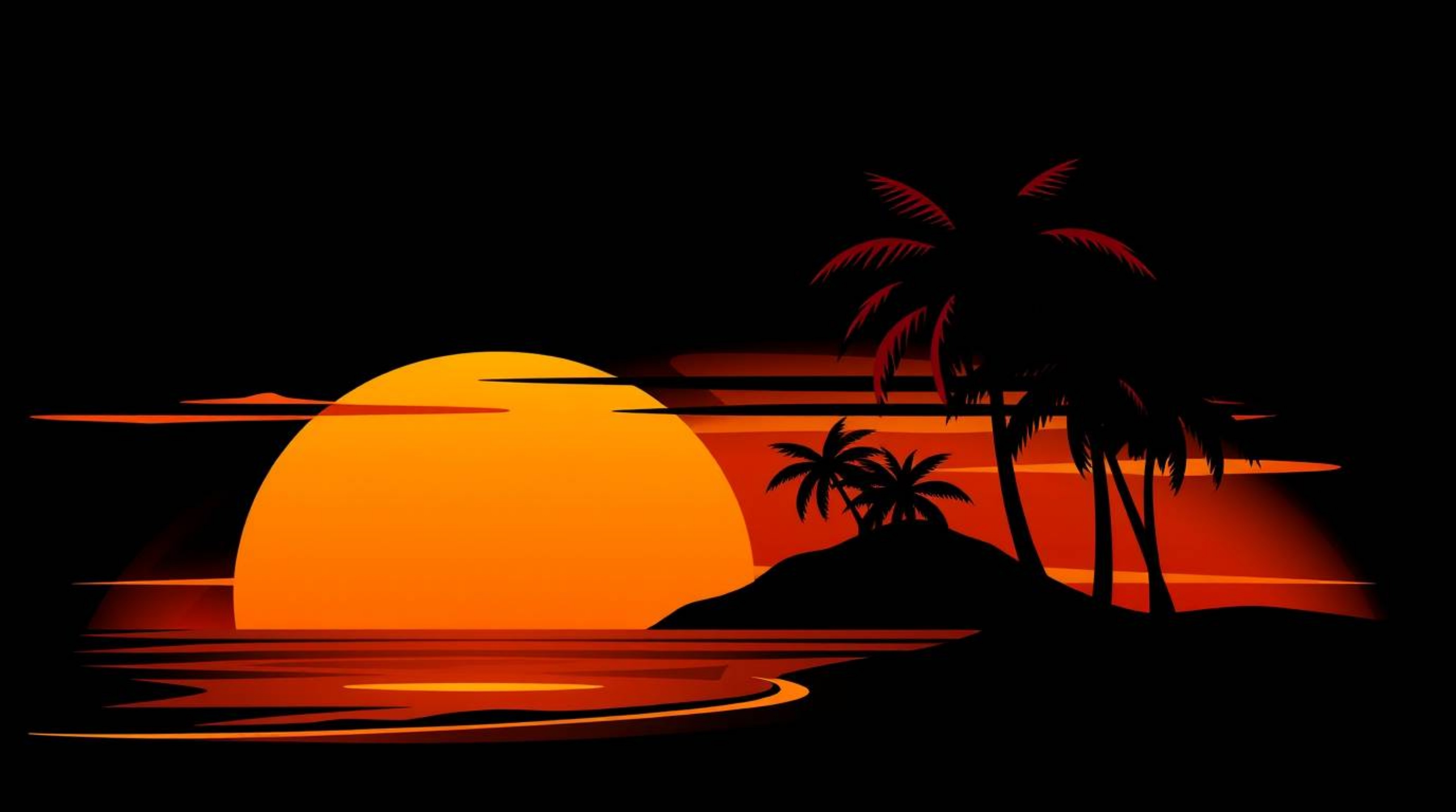 This striking image showcases a modern, flat design depiction of a tropical beach sunset, complete with swaying palm trees re