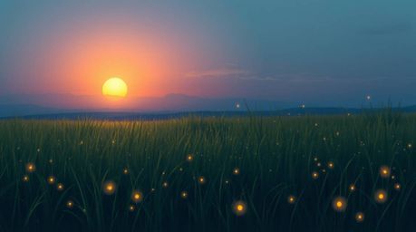A captivating image showcases a cool-toned sunset over a tranquil meadow, where fireflies begin to glimmer.  The scene is ren
