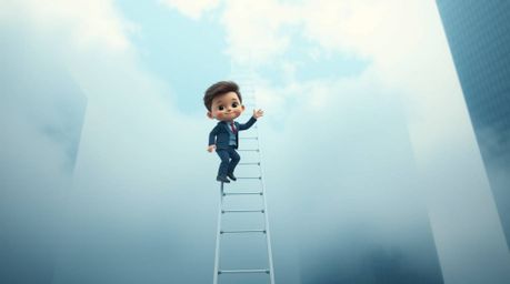 An adorable businessperson with charming features ascends a transparent ladder disappearing into a hazy blue sky above obscur