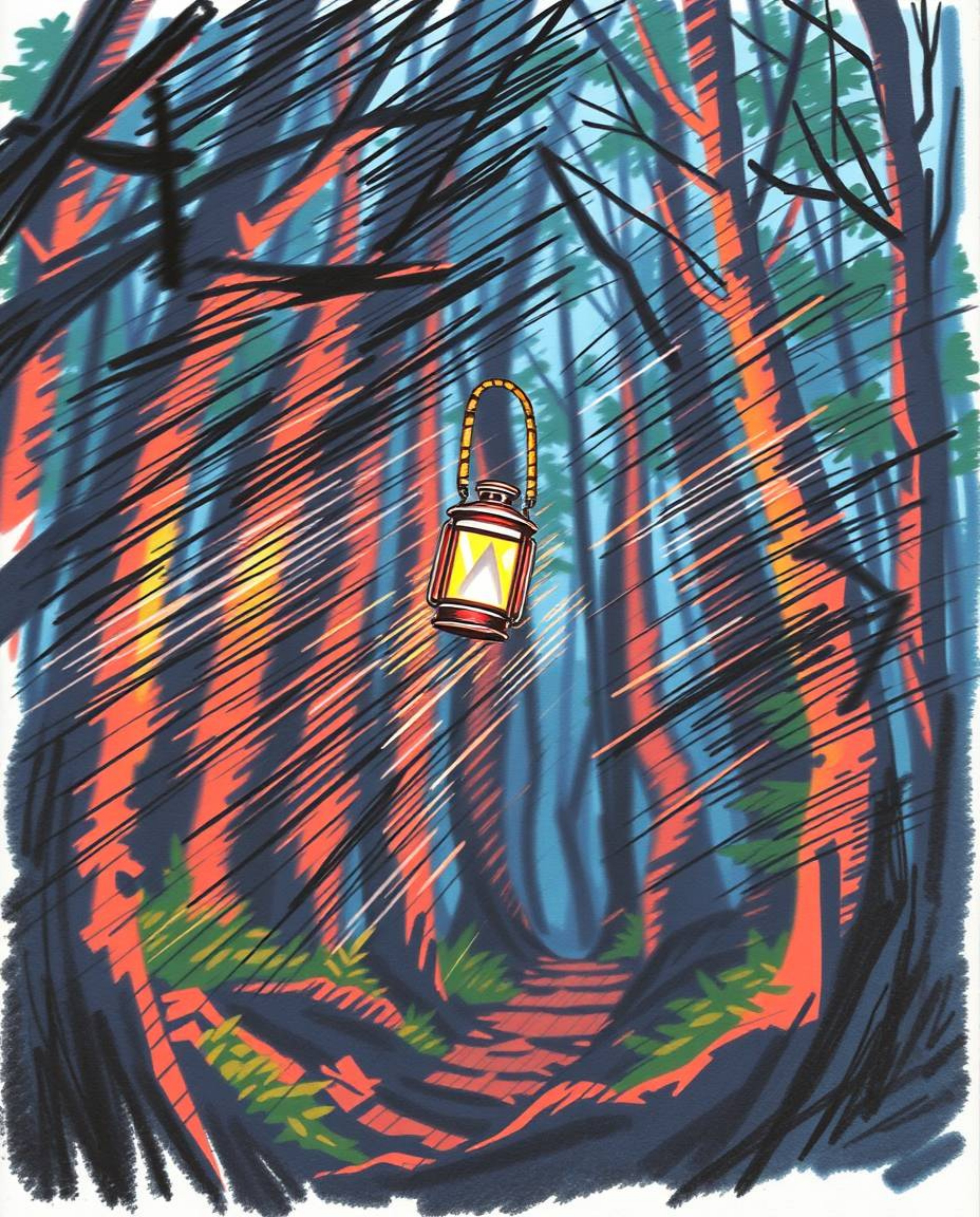 A dynamic, hand-drawn sketch depicting a glowing lantern illuminating a dark forest. The artwork utilizes blurred lines and a