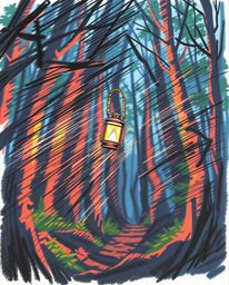 A dynamic, hand-drawn sketch depicting a glowing lantern illuminating a dark forest. The artwork utilizes blurred lines and a