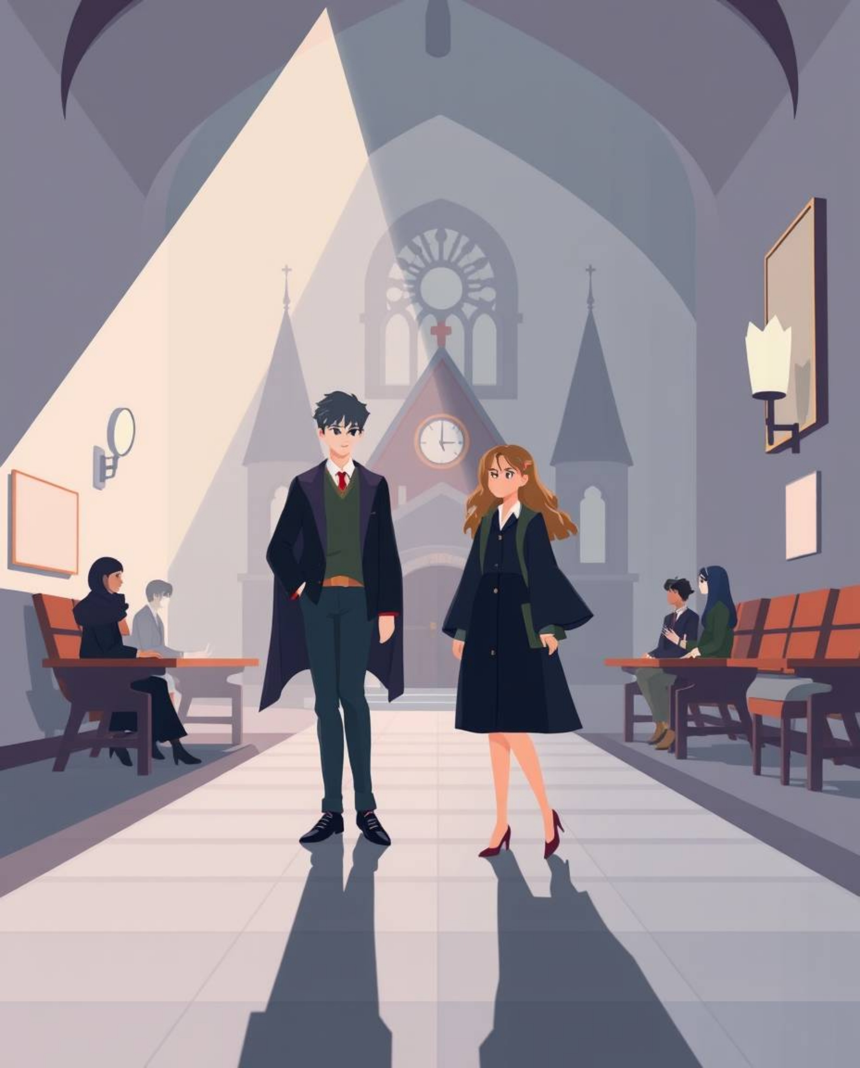 Explore a modern flat design illustration of a magical school, showcasing strong, hard light and direct, harsh shadows. This 