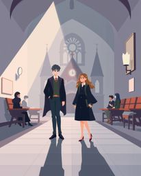 Explore a modern flat design illustration of a magical school, showcasing strong, hard light and direct, harsh shadows. This 