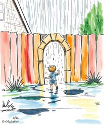 A captivating hand-drawn sketchnote depicts a child stumbling upon a vibrant, magical portal in a rain-soaked backyard. Dyna