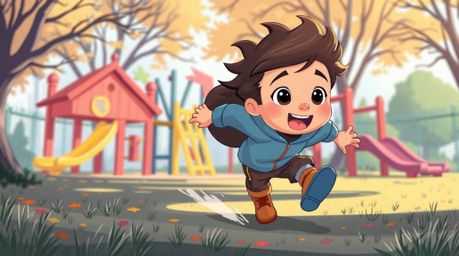 A charming illustration depicts a dramatic slow-motion run through a playground.  Adorable features are emphasized with compl