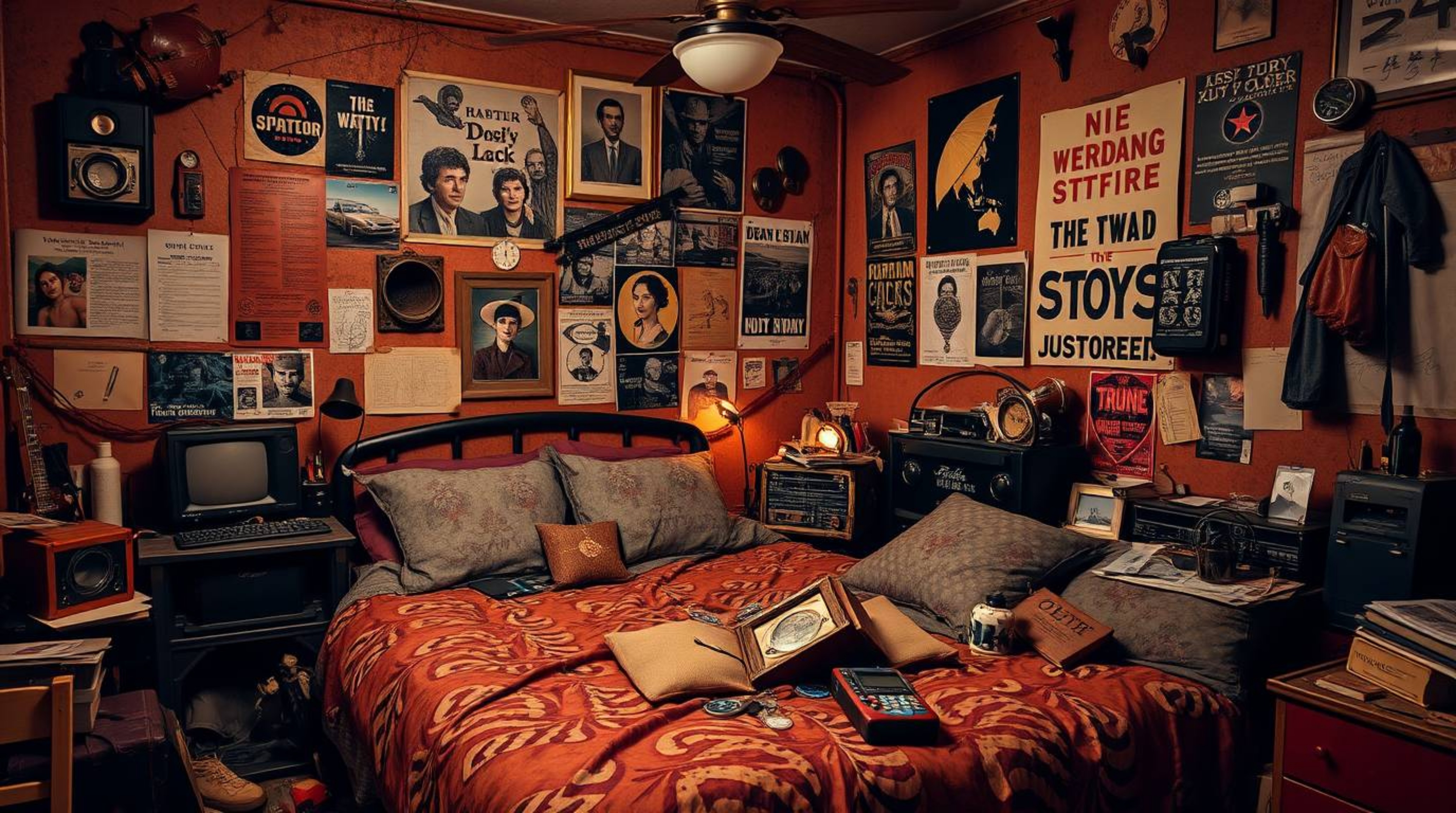This image depicts a messy bedroom filled with unique gadgets and posters, rendered in warm autumn colors with a cast bronze 