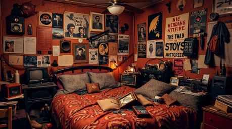 This image depicts a messy bedroom filled with unique gadgets and posters, rendered in warm autumn colors with a cast bronze 