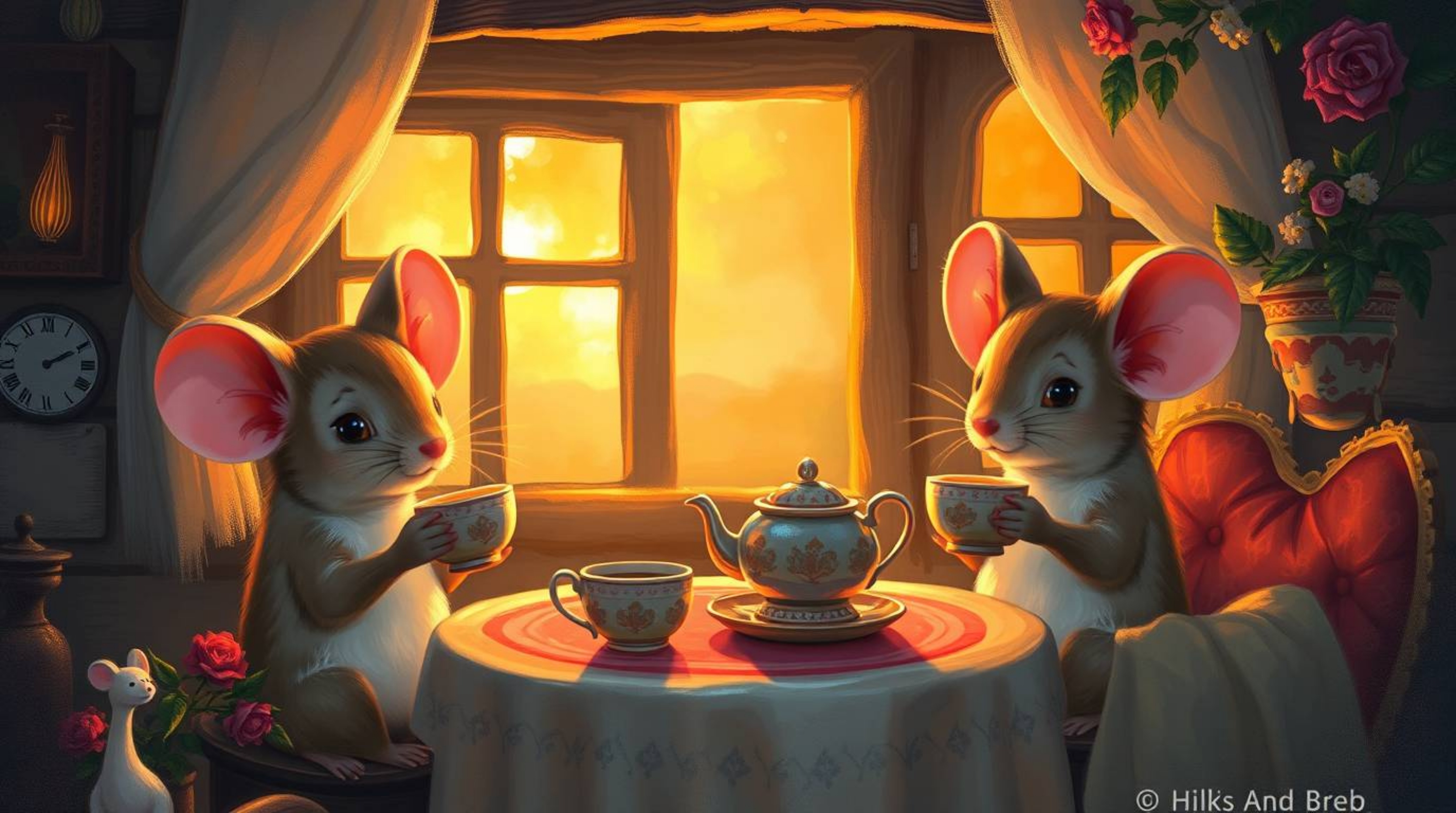 A captivating digital painting depicts anthropomorphic mice enjoying a tea party in a cozy cottage. Bathed in the warm glow o