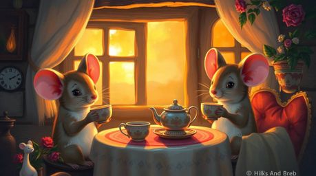 A captivating digital painting depicts anthropomorphic mice enjoying a tea party in a cozy cottage. Bathed in the warm glow o