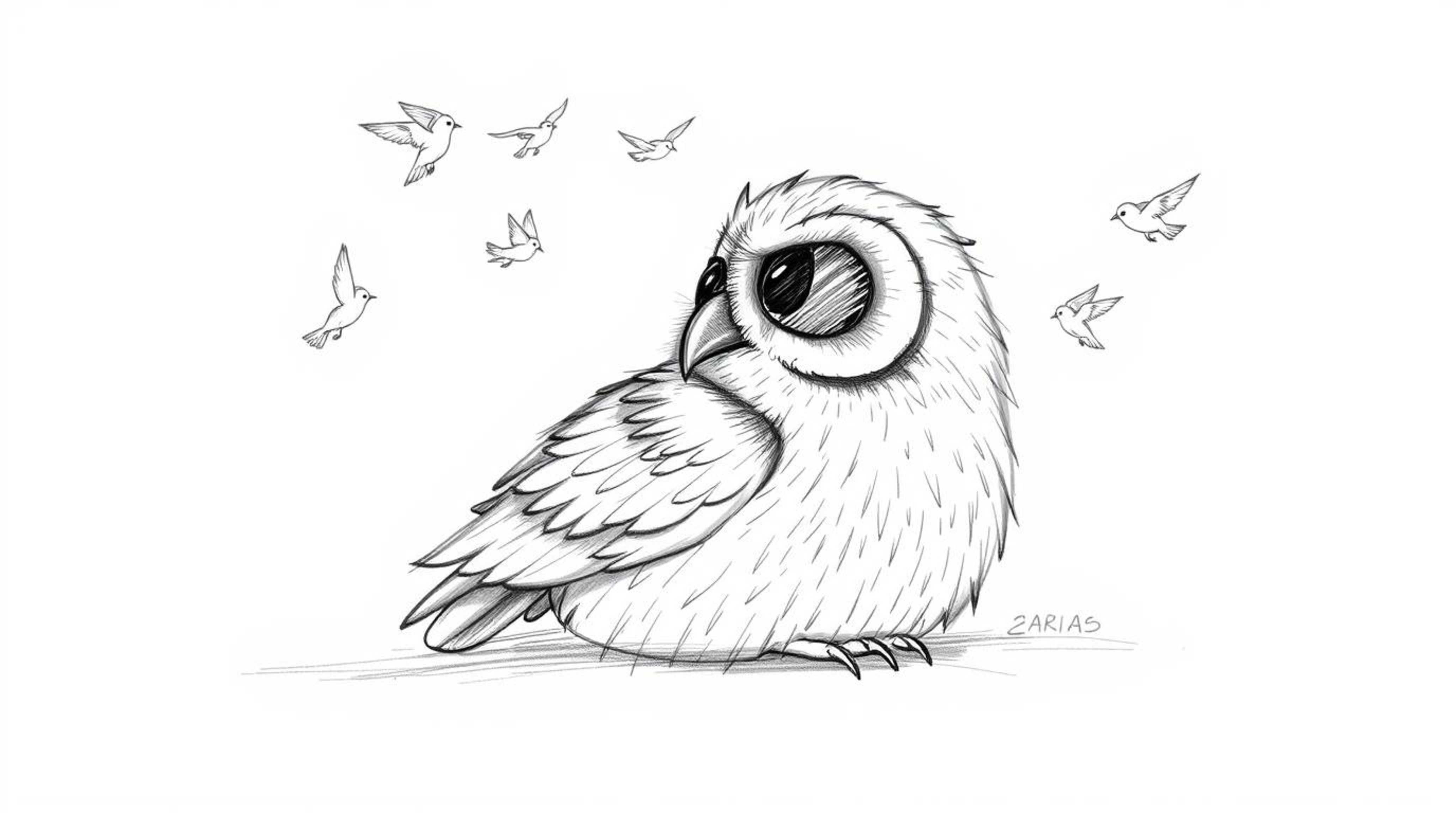 A heartwarming hand-drawn sketch in the style of Pixar portrays a blind owl with soft, feathery texture, resting peacefully a