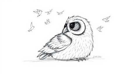 A heartwarming hand-drawn sketch in the style of Pixar portrays a blind owl with soft, feathery texture, resting peacefully a