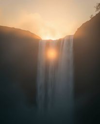 A soft dreamy atmosphere is pierced by strong hard light in this depiction of a sun setting behind a dramatic waterfall. The 