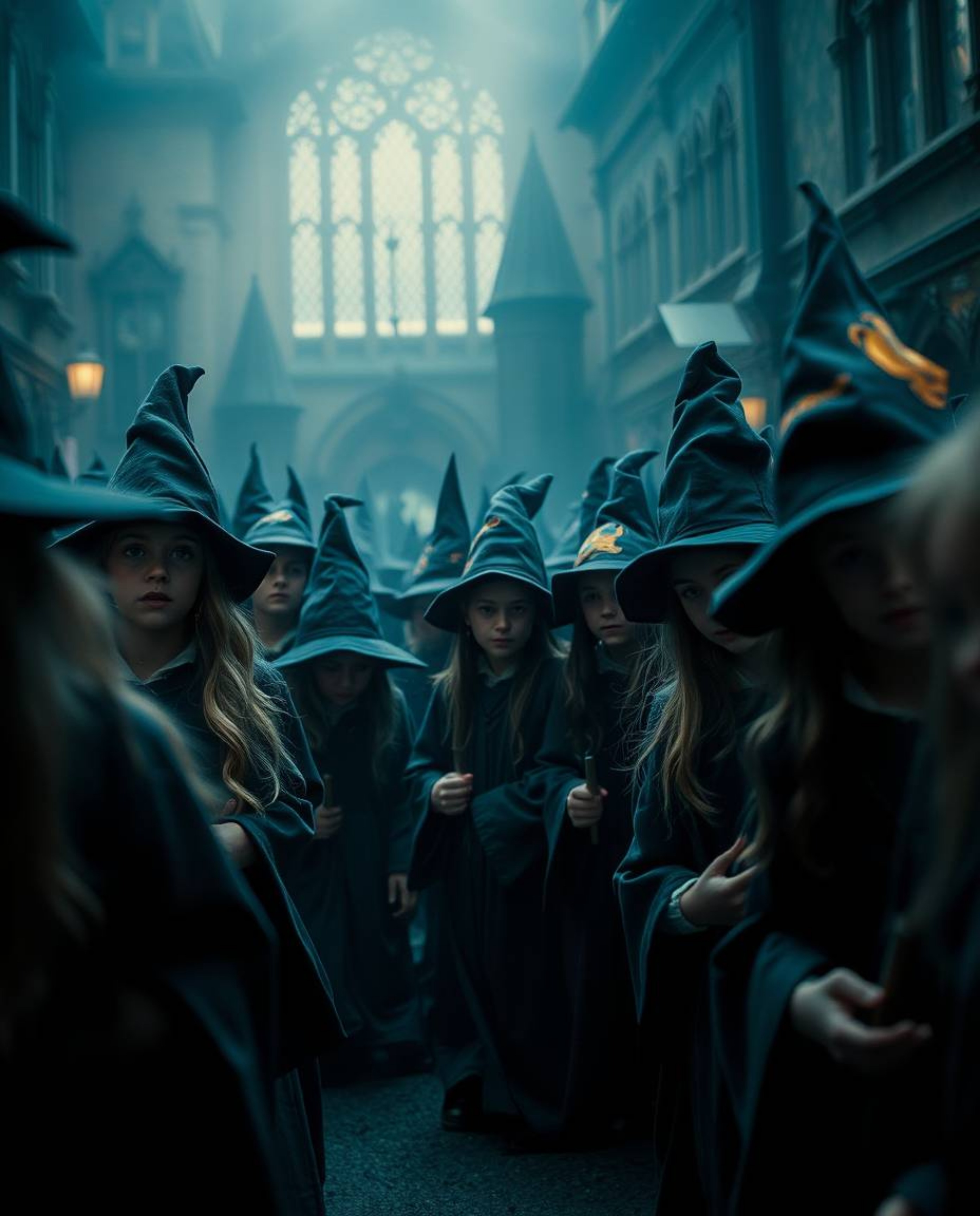 Explore an extreme macro close-up of a magical school teeming with young wizards, rendered in rich, deep teal tones and envel