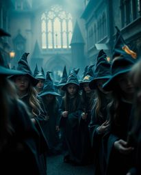 Explore an extreme macro close-up of a magical school teeming with young wizards, rendered in rich, deep teal tones and envel