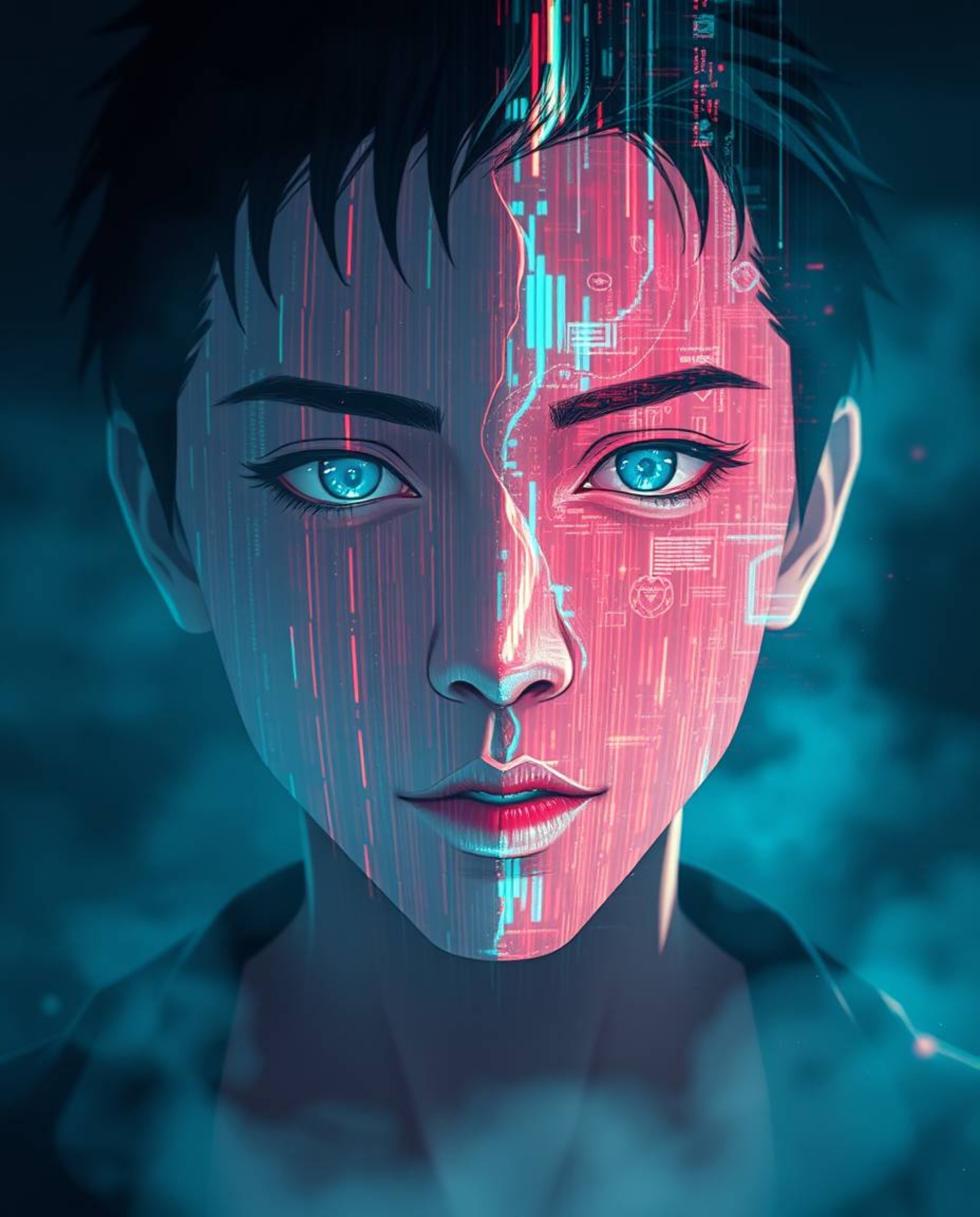 An Isekai-inspired digital artwork depicting a human face undergoing a dramatic transformation into a vibrant data stream due