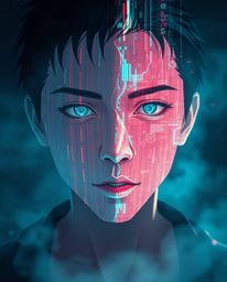 An Isekai-inspired digital artwork depicting a human face undergoing a dramatic transformation into a vibrant data stream due