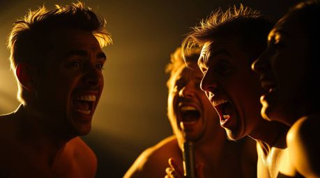 A hilarious gross-out comedy scene is depicted, characterized by exaggerated facial expressions and a striking contrast betwe