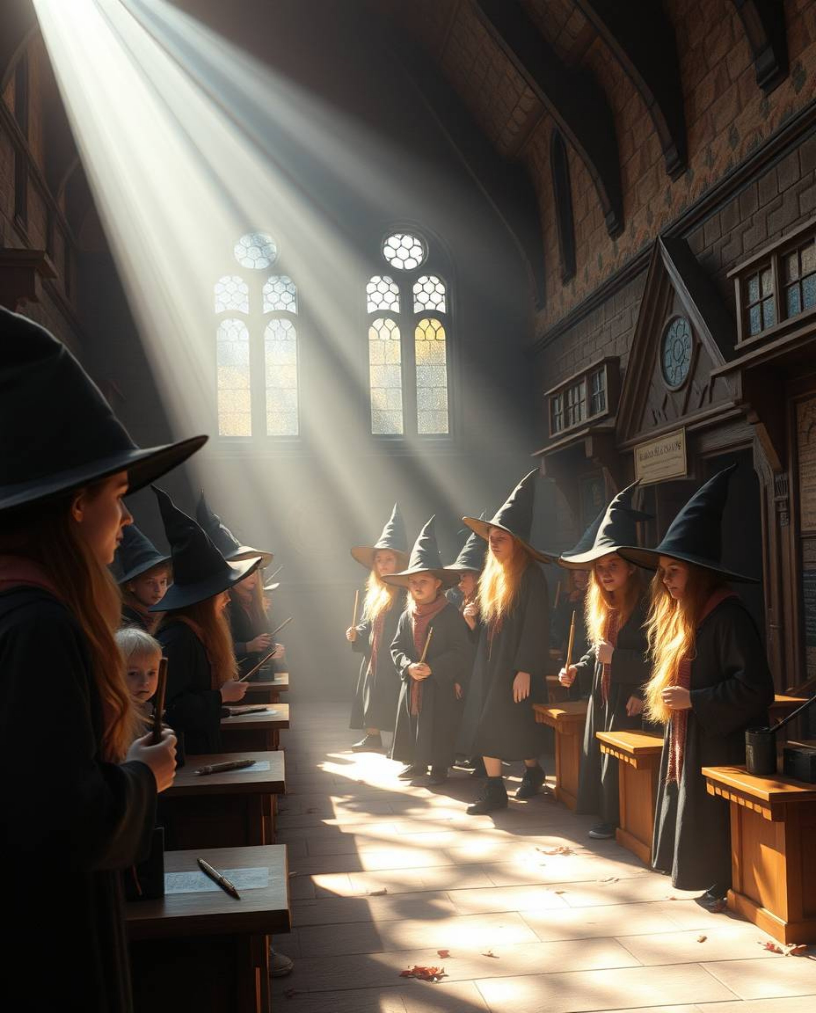 Explore a high-resolution stock photo showcasing a magical school teeming with young wizards, bathed in the warm, earthy tone