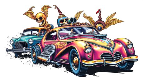 This print showcases a wacky racing scene brimming with outlandish cars, rendered in a symbolic traditional tattoo style. Exp
