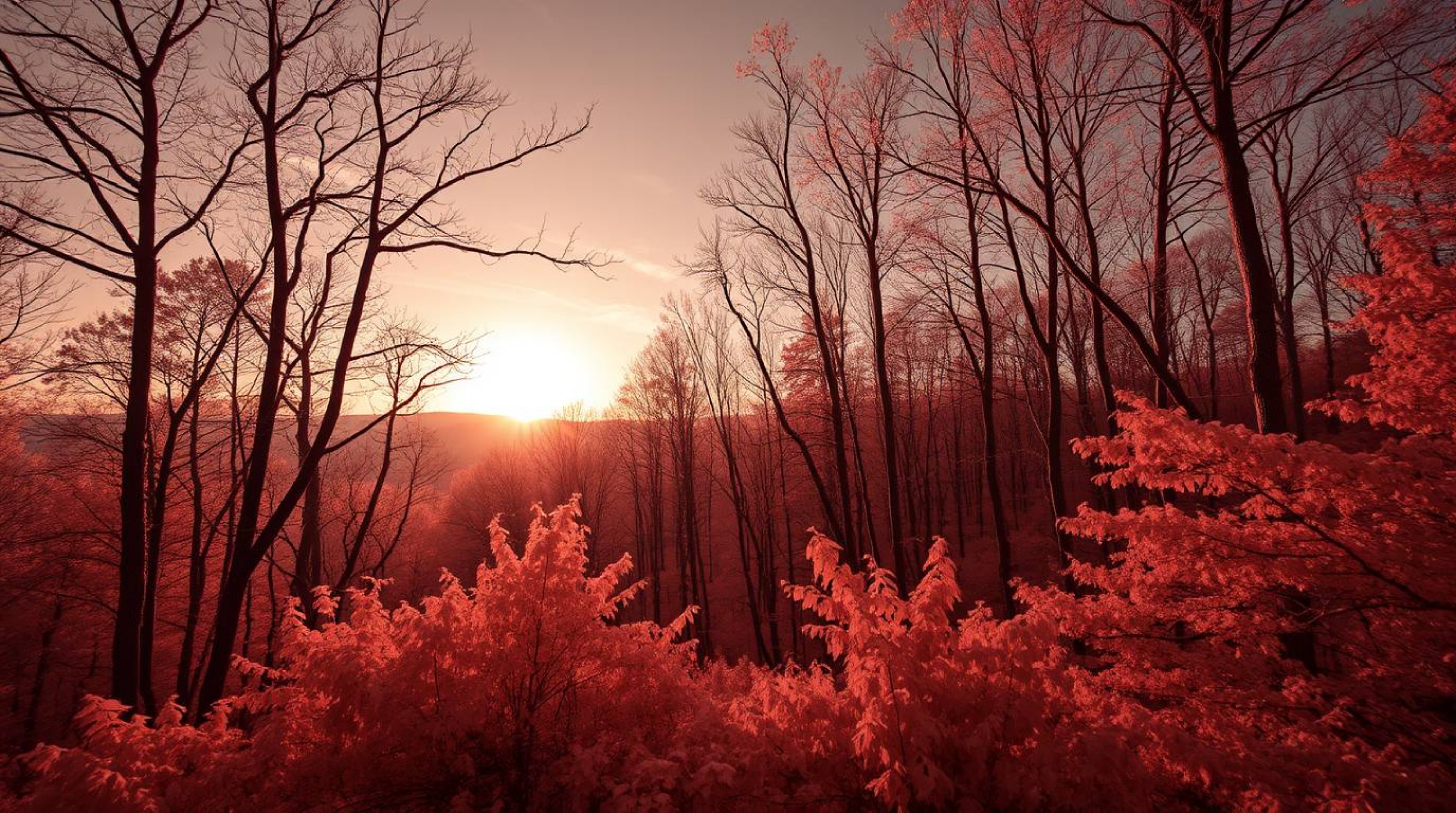 Discover a mesmerizing surreal image of an autumn forest bathed in the golden light of sunset, captured using infrared photog