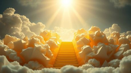 A breathtaking digital illustration showcasing an intricate origami-style golden staircase ascending through clouds towards a