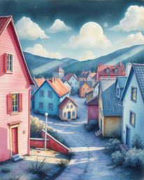 Explore a surreal watercolor painting depicting a sleepy town adorned with pastel-colored houses bathed in infrared tones and