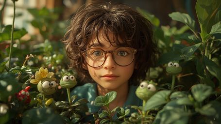 In a vibrant, cinematic photograph reminiscent of a Pixar animated film, a curious, freckled young genius with curly brown ha