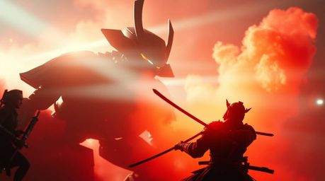 Witness a thrilling clash in a dystopian realm where a skilled samurai confronts a formidable robot. The scene bursts with br
