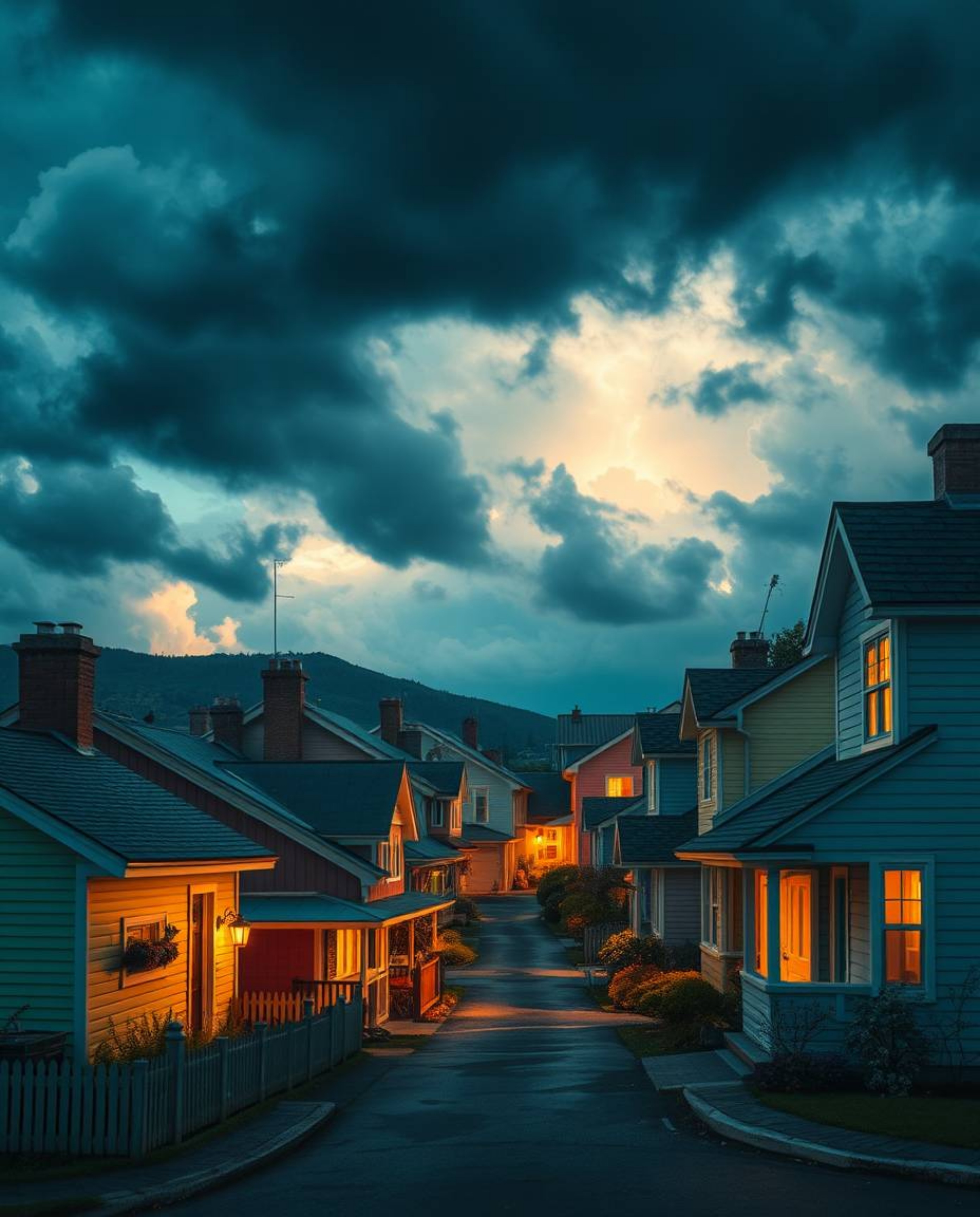 A captivating image of a sleepy town, rendered in a vibrant watercolor style. Pastel-colored houses stand out against a drama