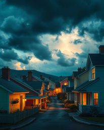 A captivating image of a sleepy town, rendered in a vibrant watercolor style. Pastel-colored houses stand out against a drama