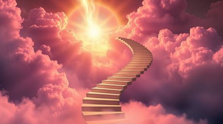 A captivating surreal artwork depicts a graceful, elegant stairway floating amidst smoky clouds, ascending towards a brillian