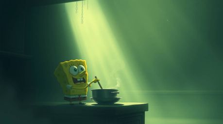 A soft, dreamy animation depicts a sponge character peacefully cooking in a hazy underwater kitchen. Rendered in low contrast