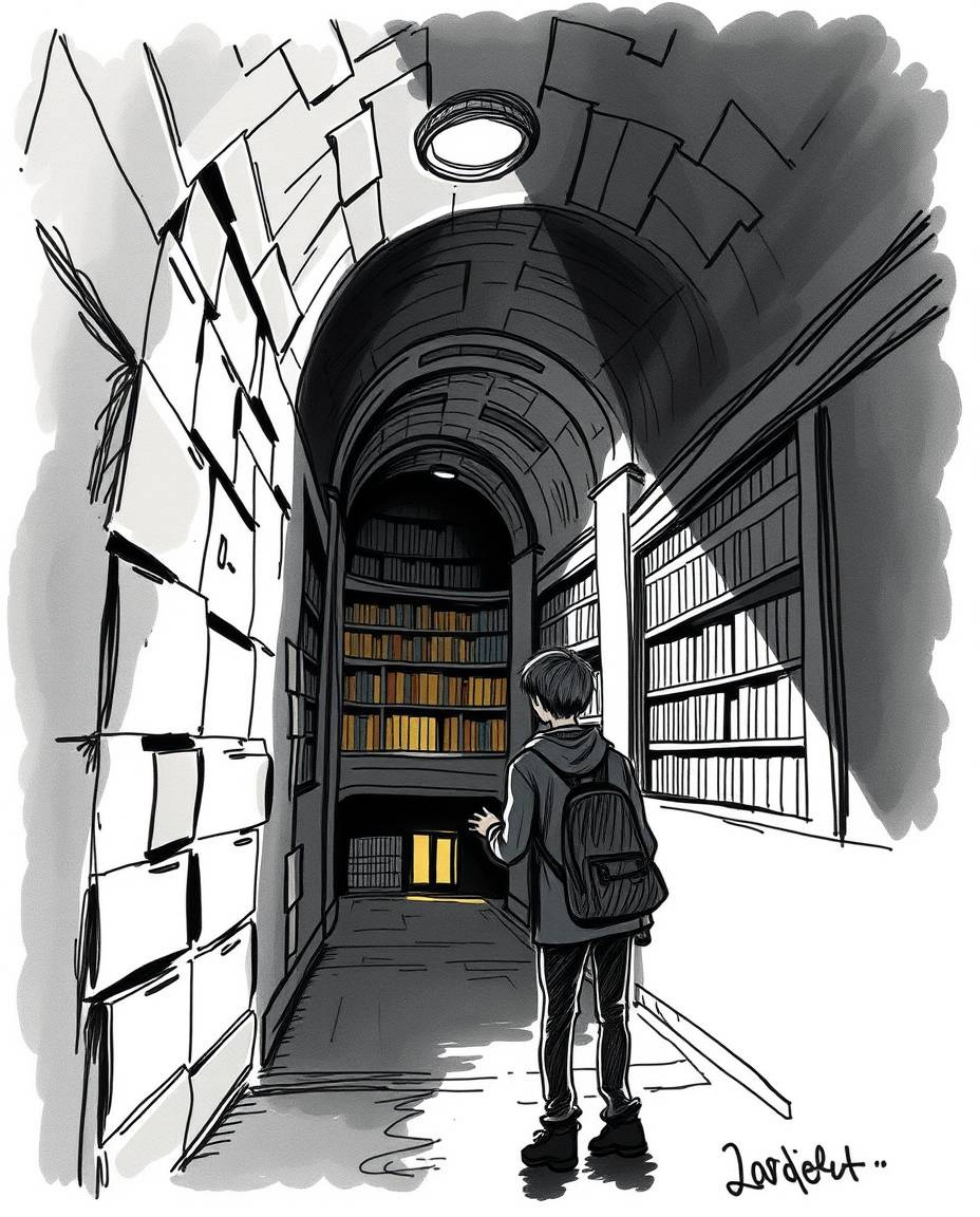 An atmospheric, high contrast, low-key lighting hand-drawn sketch in a colorful sketchnote style depicts a person discovering