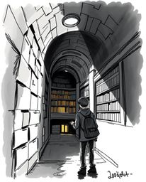 An atmospheric, high contrast, low-key lighting hand-drawn sketch in a colorful sketchnote style depicts a person discovering