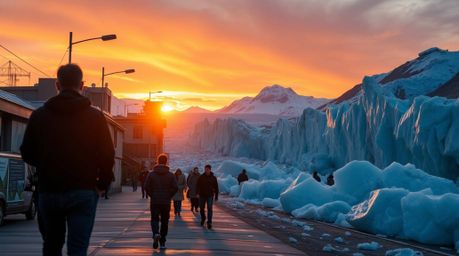 A breathtaking collection of candid street photography captures a dramatic sunset casting an ethereal glow over icy glaciers 
