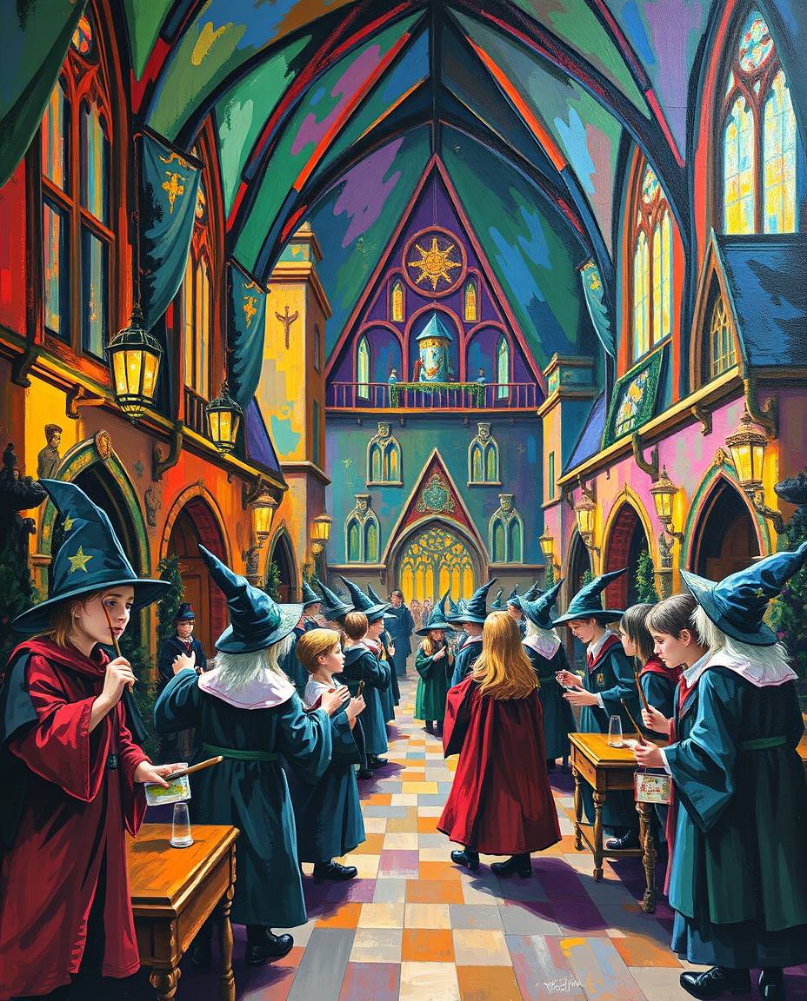 Experience the wonder of a magical school filled with young wizards in this bold and graceful acrylic painting. Rendered in v