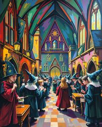 Experience the wonder of a magical school filled with young wizards in this bold and graceful acrylic painting. Rendered in v