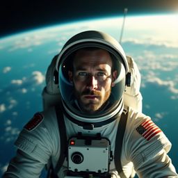 A solitary, determined astronaut drifts peacefully in the inky blackness of space, his weathered spacesuit a testament to pas