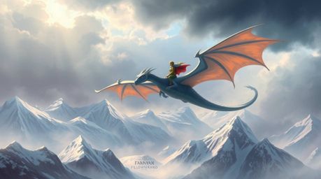 A serene digital painting depicts a dragon and its rider soaring above majestic icy mountains.  Soft pastel colors create a g