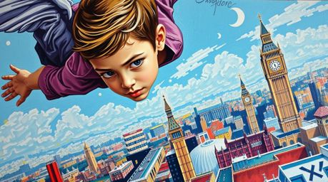 A captivating acrylic painting depicts a young boy with graceful features, soaring above a vibrant London cityscape. The art