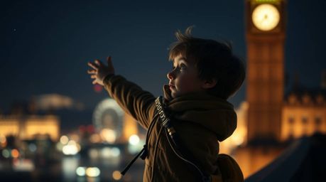 A captivating photograph depicts a young boy seemingly flying above the London skyline, dusted with magical pixie particles. 