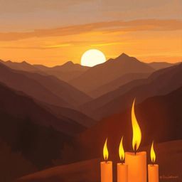 A captivating digital painting showcases a serene sunset over a quiet mountain valley.  Illuminated by the warm glow of candl