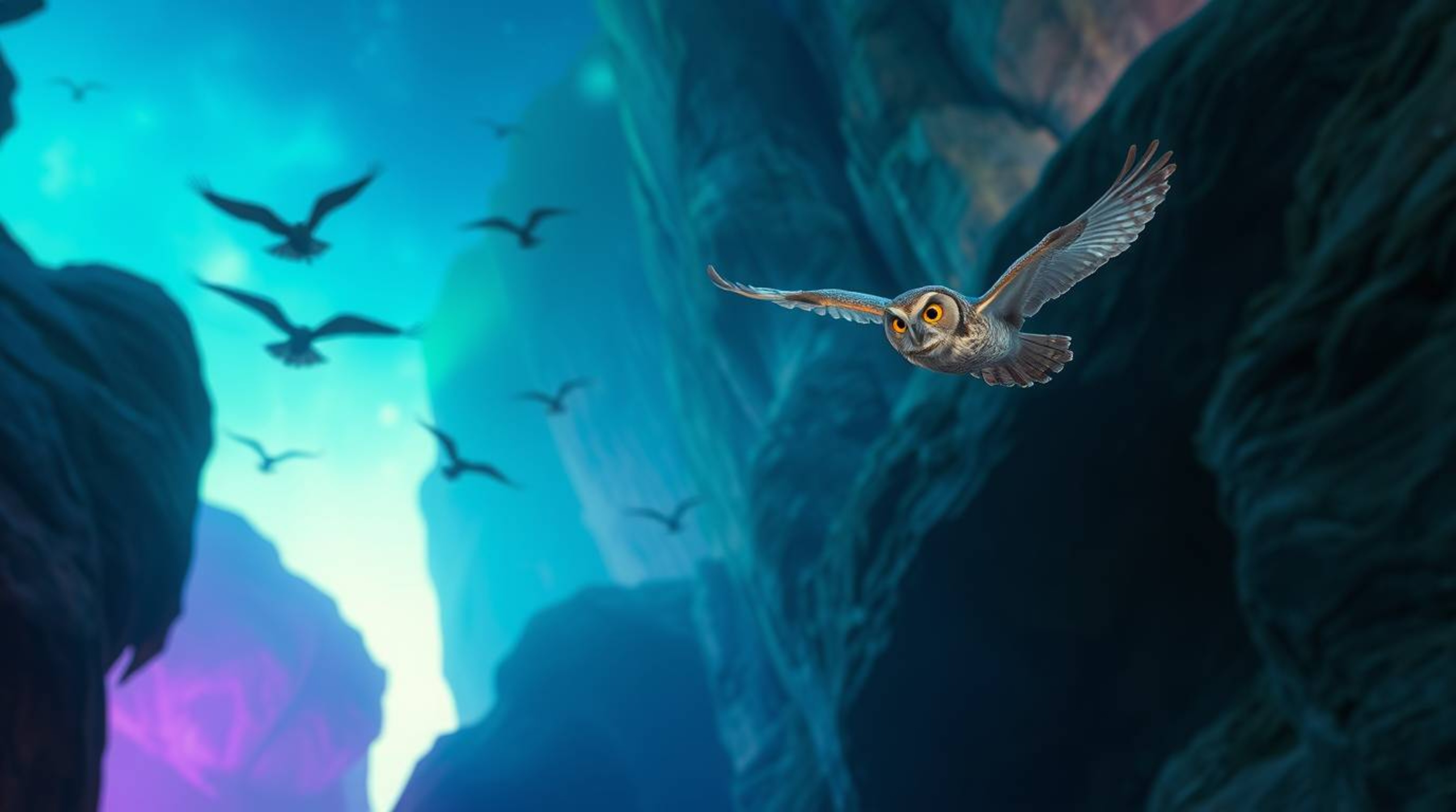 This long exposure photograph captures a mystical atmosphere and an ethereal vibe, featuring a Pixar-esque blind owl as it gu