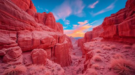 Explore the mesmerizing beauty of a rocky canyon rendered in surreal infrared tones. Bathed in warm sunset hues transformed b