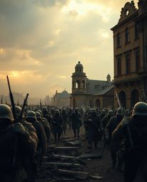 Experience a cinematic and dramatic battlefield where time-warped soldiers clash amidst crumbling buildings. Bathed in a warm