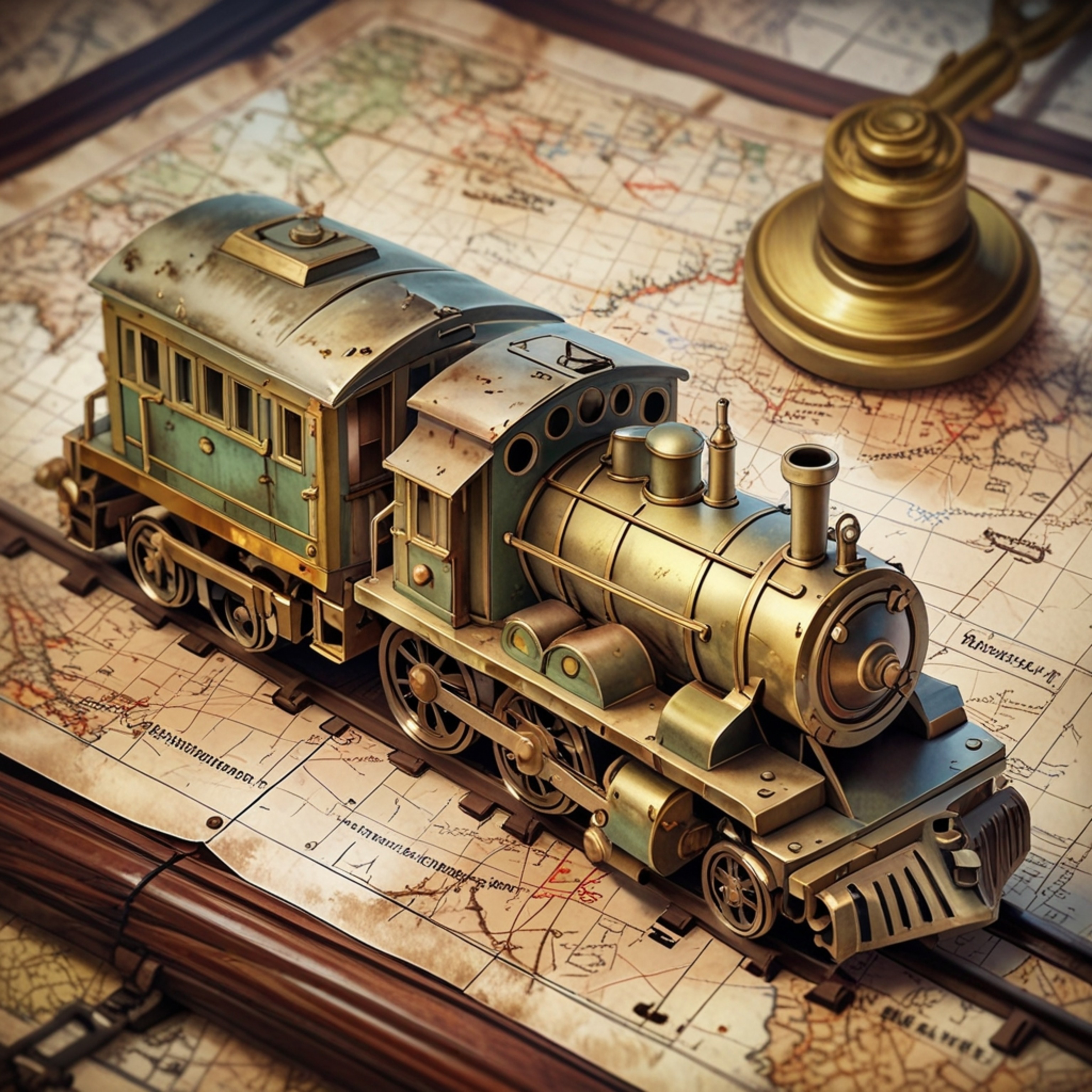 A vintage toy train crafted from brass and wood sits gracefully upon an old map with faded edges. This scene evokes a sense o